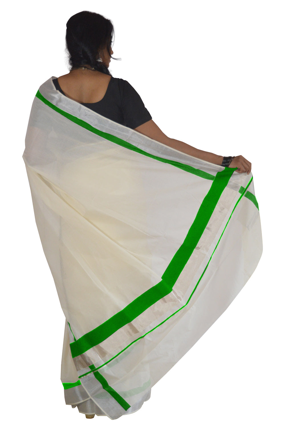 Kerala Silver Kasavu and Light Green Colour Border Saree