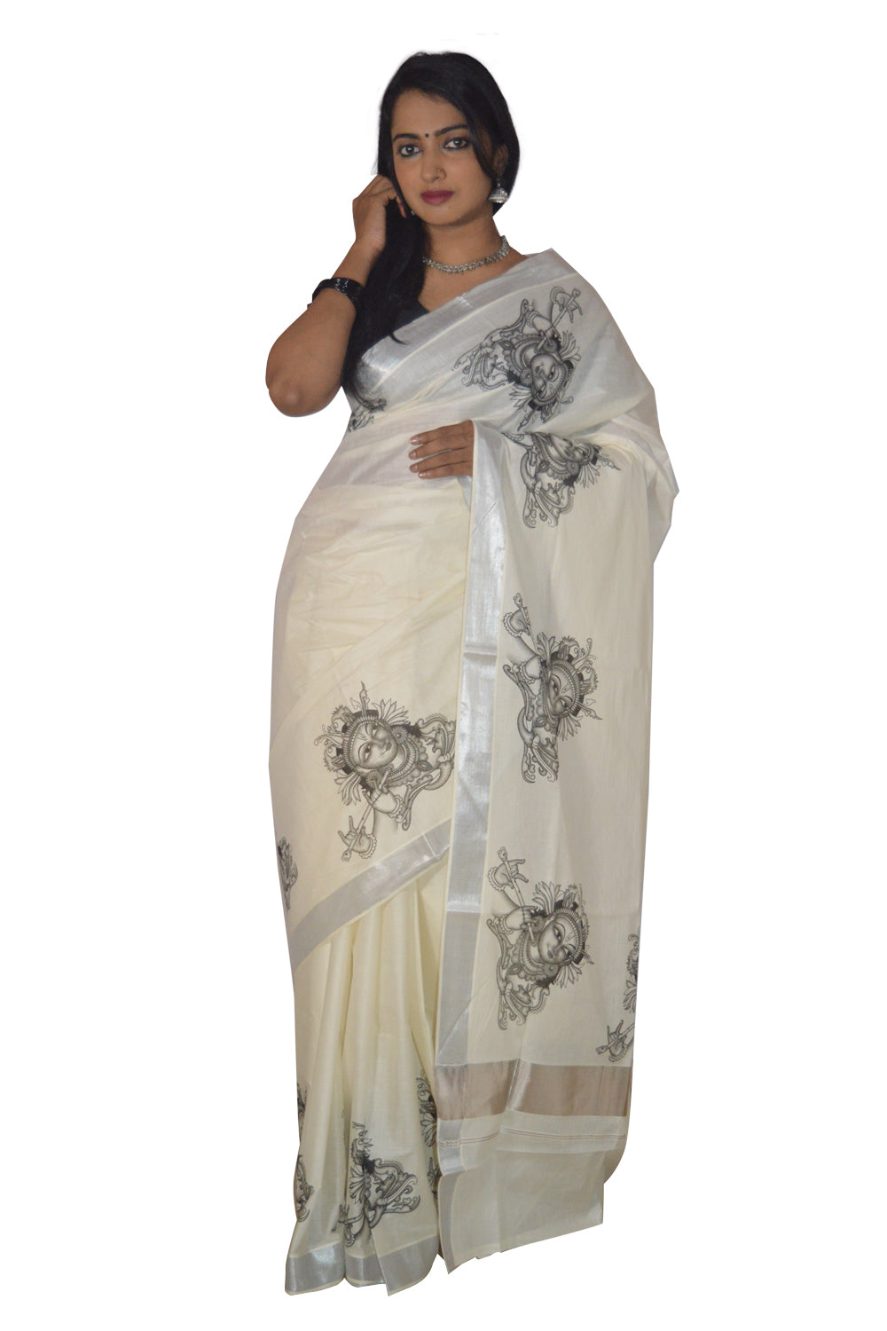 Kerala Silver Kasavu Saree With Mural Krishna Face Design