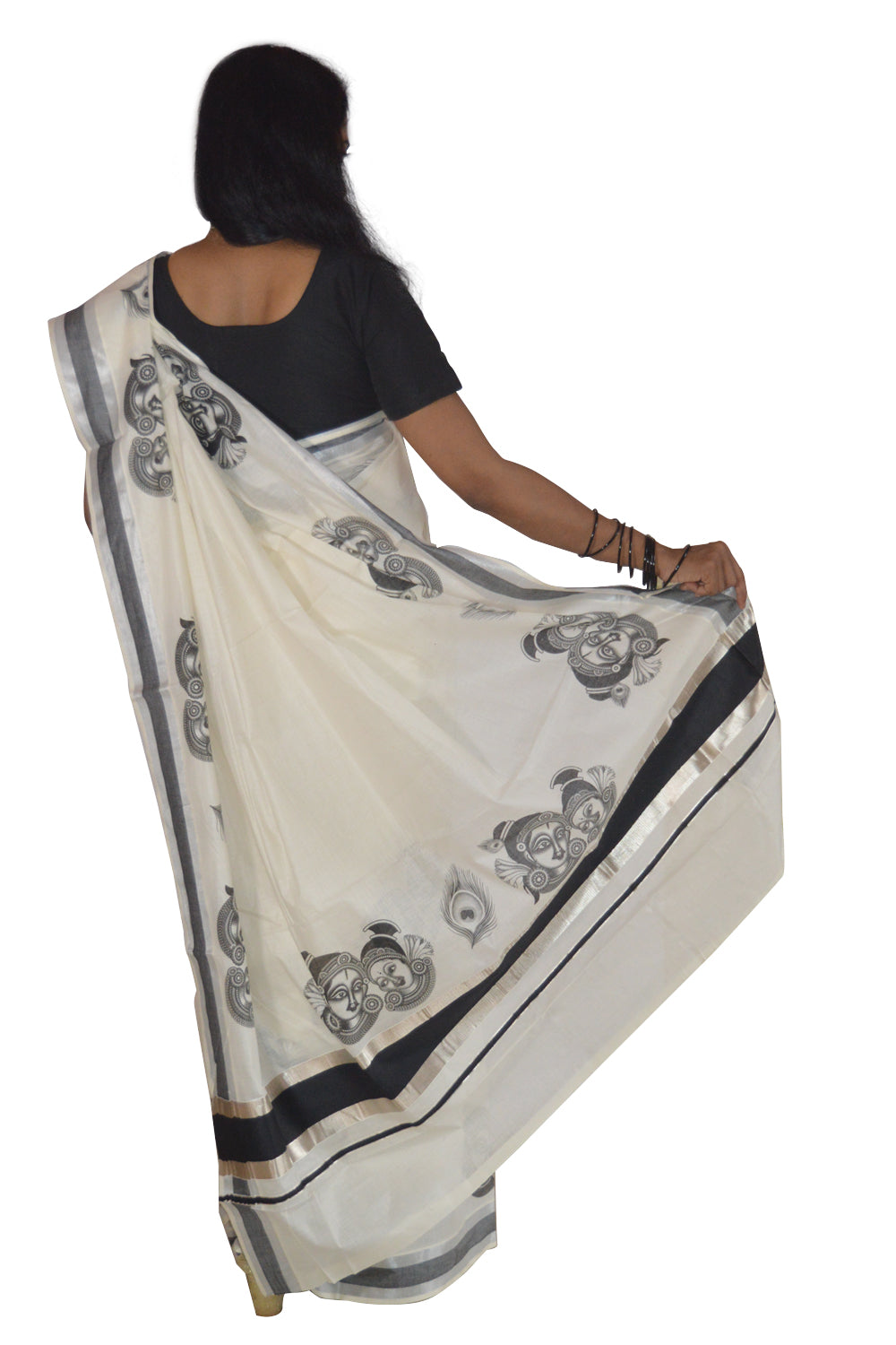 Kerala Silver Kasavu Saree With Mural Krishna Radha Face Design