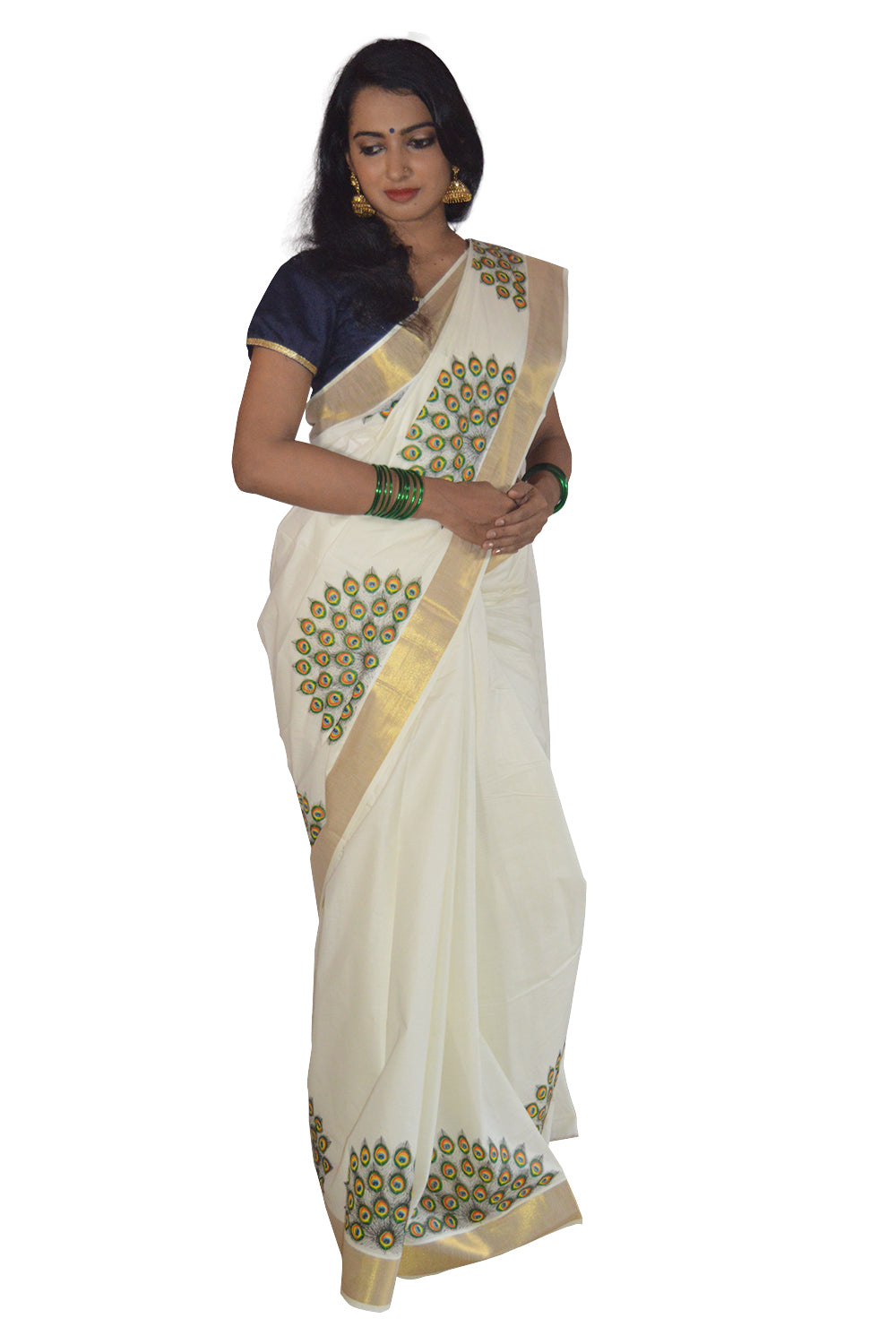 Kerala Kasavu Saree With Mural Peacock Feather Design