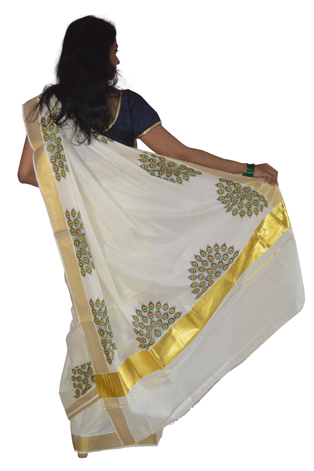 Kerala Kasavu Saree With Mural Peacock Feather Design