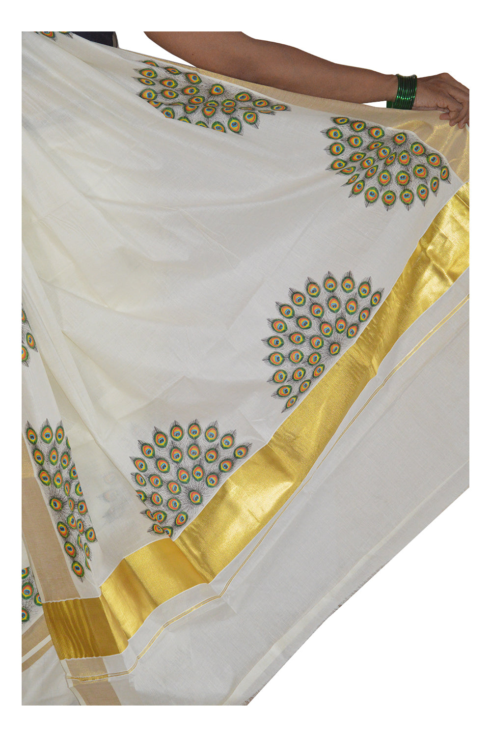 Kerala Kasavu Saree With Mural Peacock Feather Design