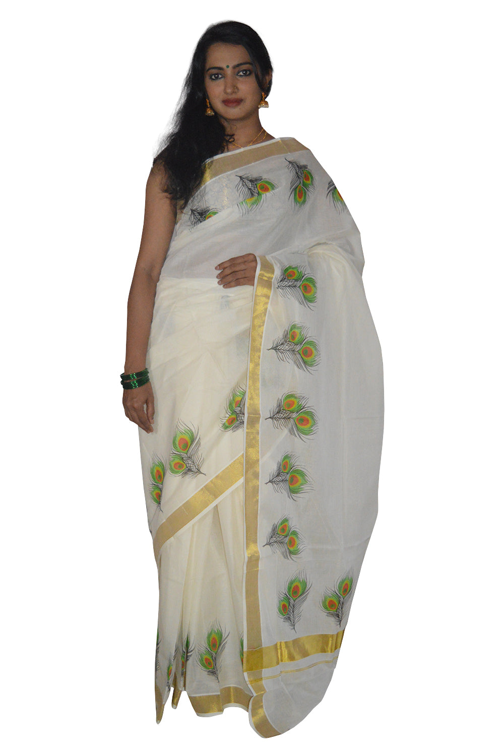 Kerala Kasavu Saree With Peacock Feather Design