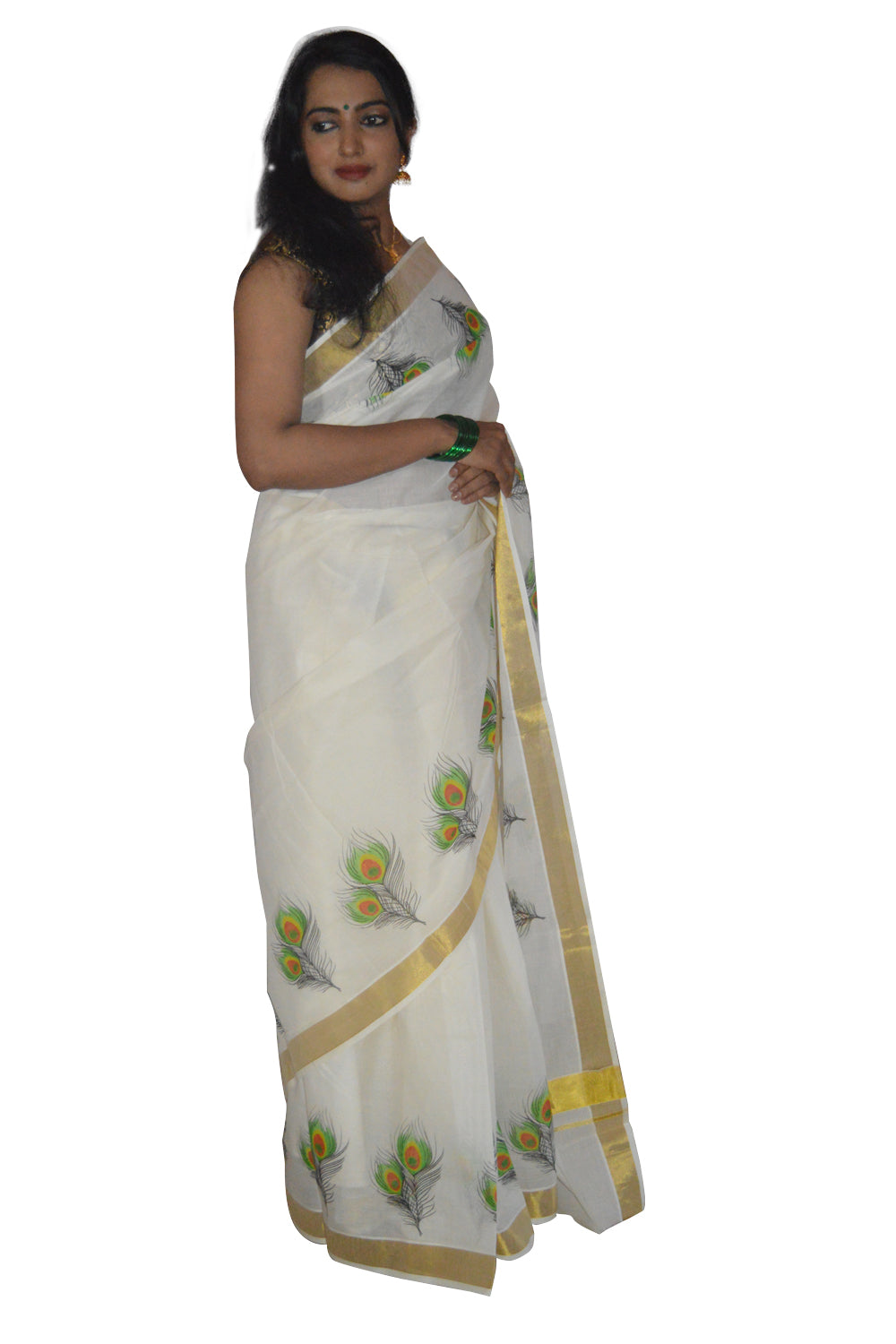 Kerala Kasavu Saree With Peacock Feather Design