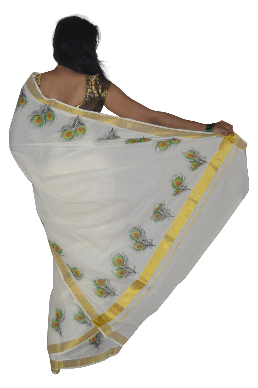 Kerala Kasavu Saree With Peacock Feather Design