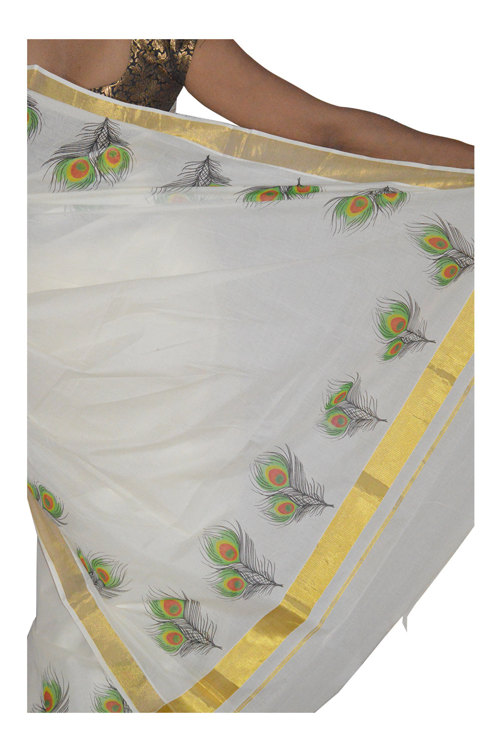 Kerala Kasavu Saree With Peacock Feather Design