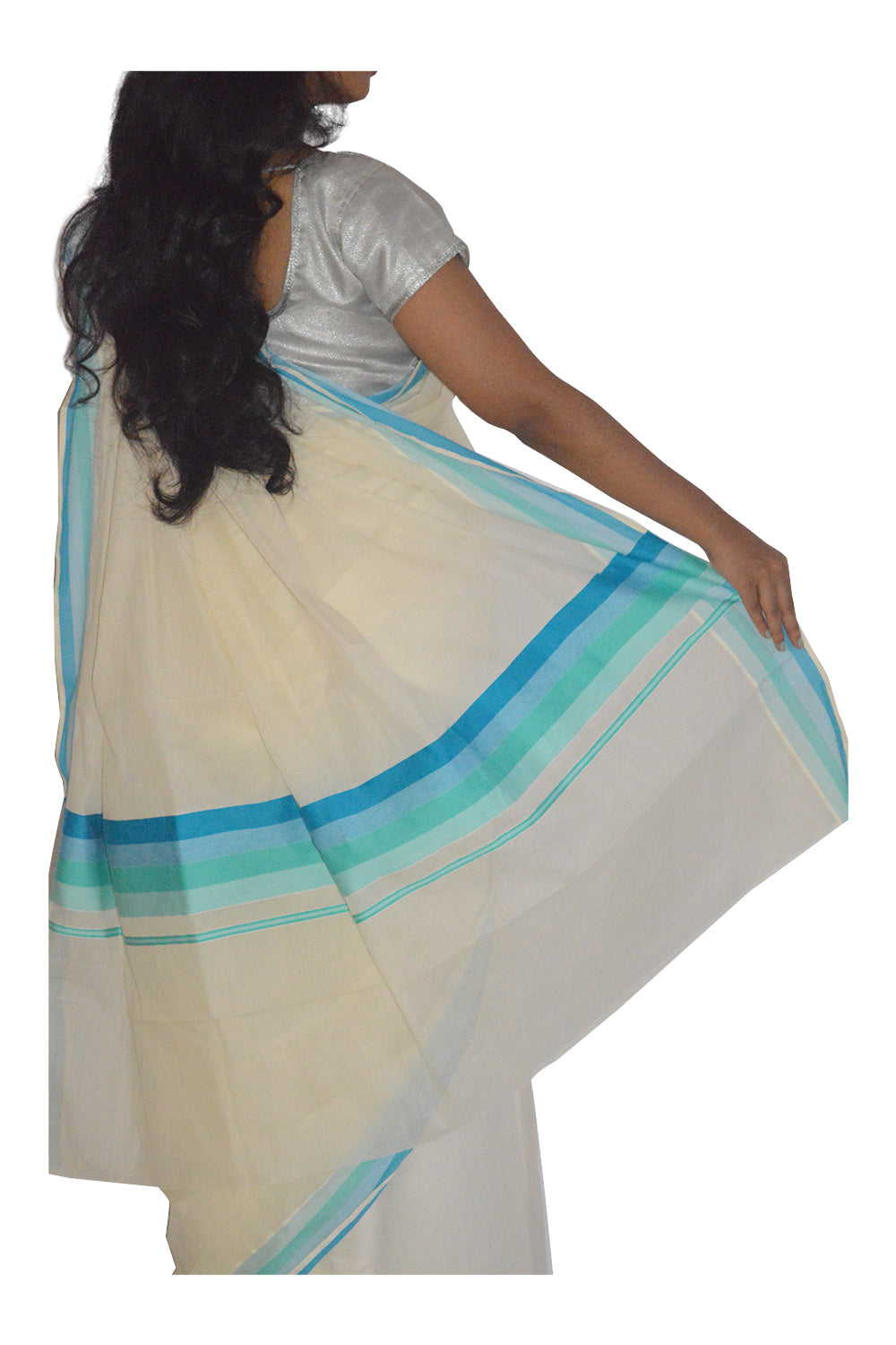 Kerala Saree with Sky Blue and Turquoise Lines Border Design