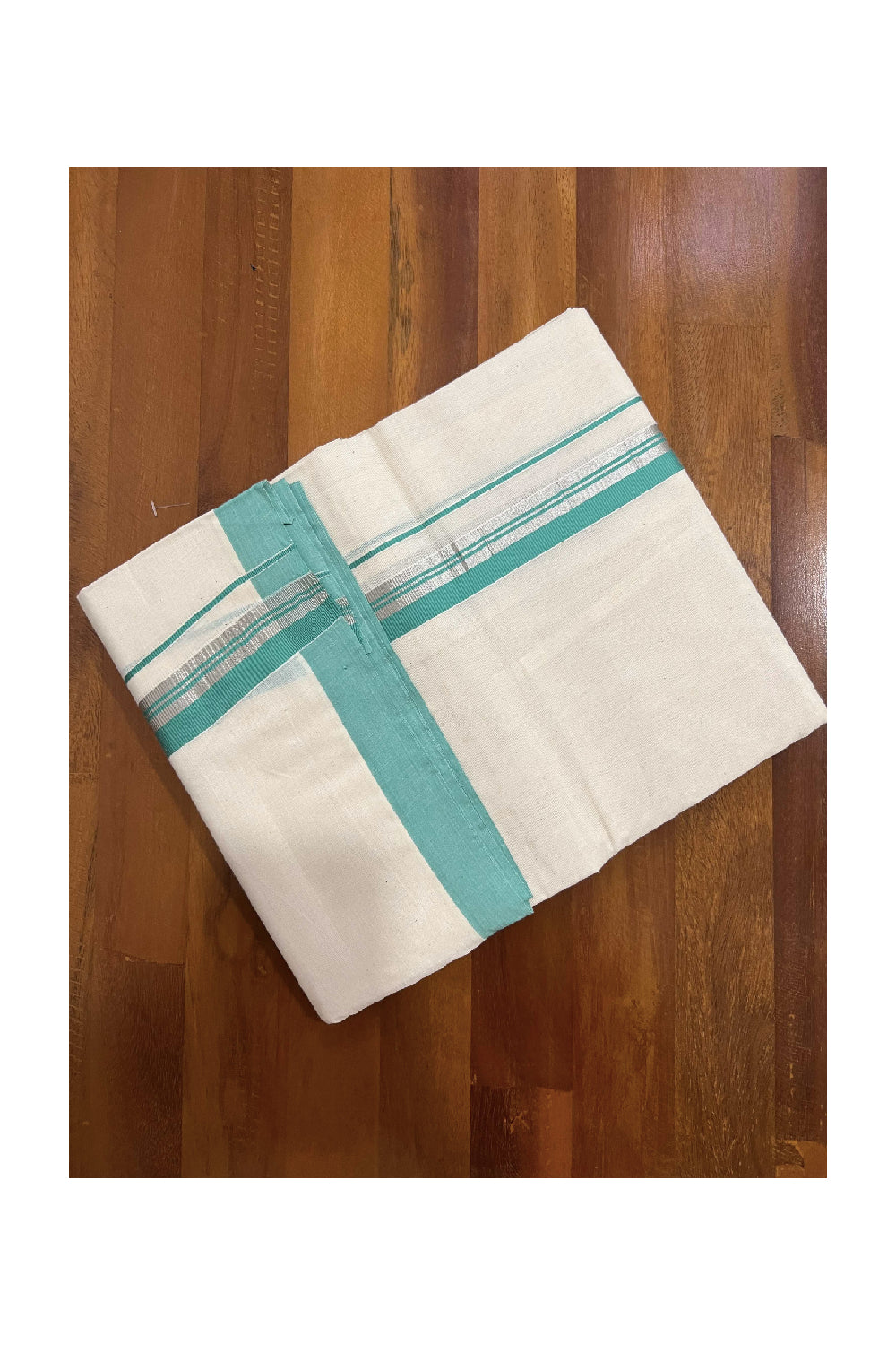 Off White Cotton Mundu with Turquoise and Silver Kasavu Border (South Indian Dhoti)