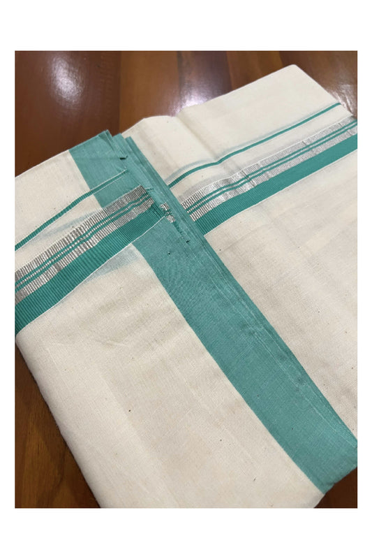 Off White Cotton Mundu with Turquoise and Silver Kasavu Border (South Indian Dhoti)