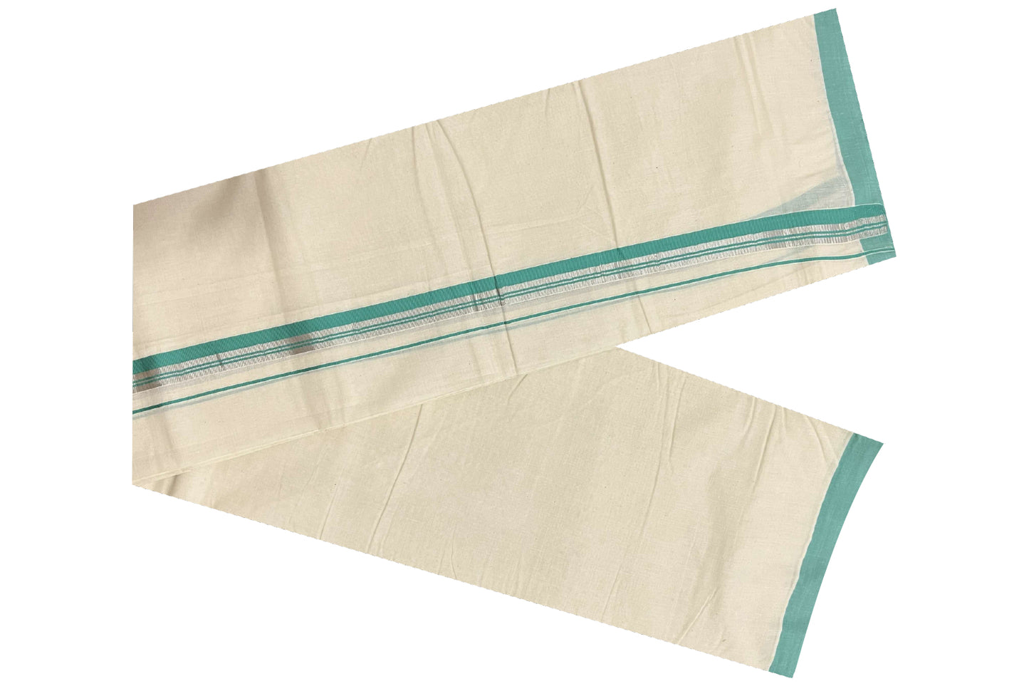 Off White Cotton Mundu with Turquoise and Silver Kasavu Border (South Indian Dhoti)