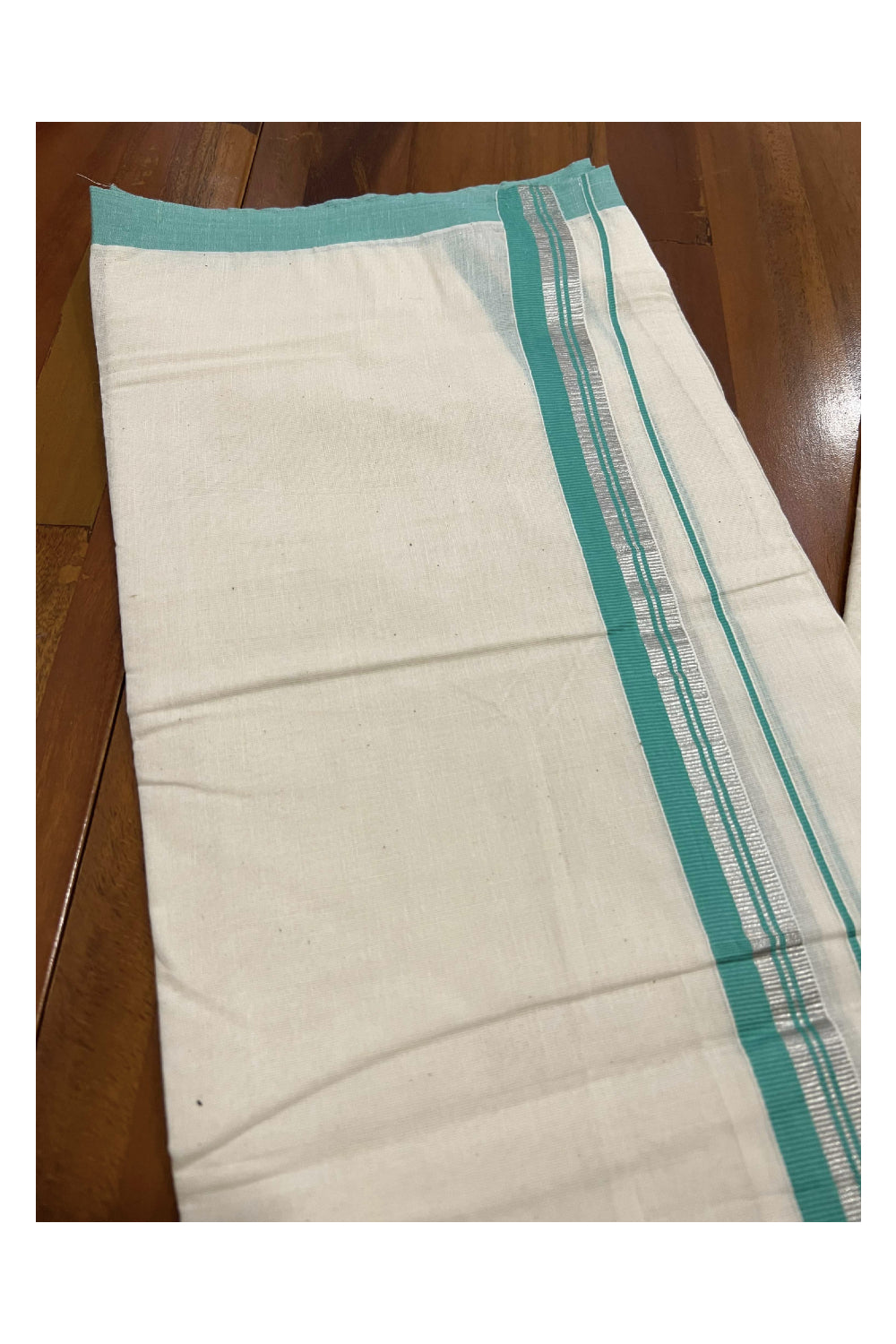 Off White Cotton Mundu with Turquoise and Silver Kasavu Border (South Indian Dhoti)