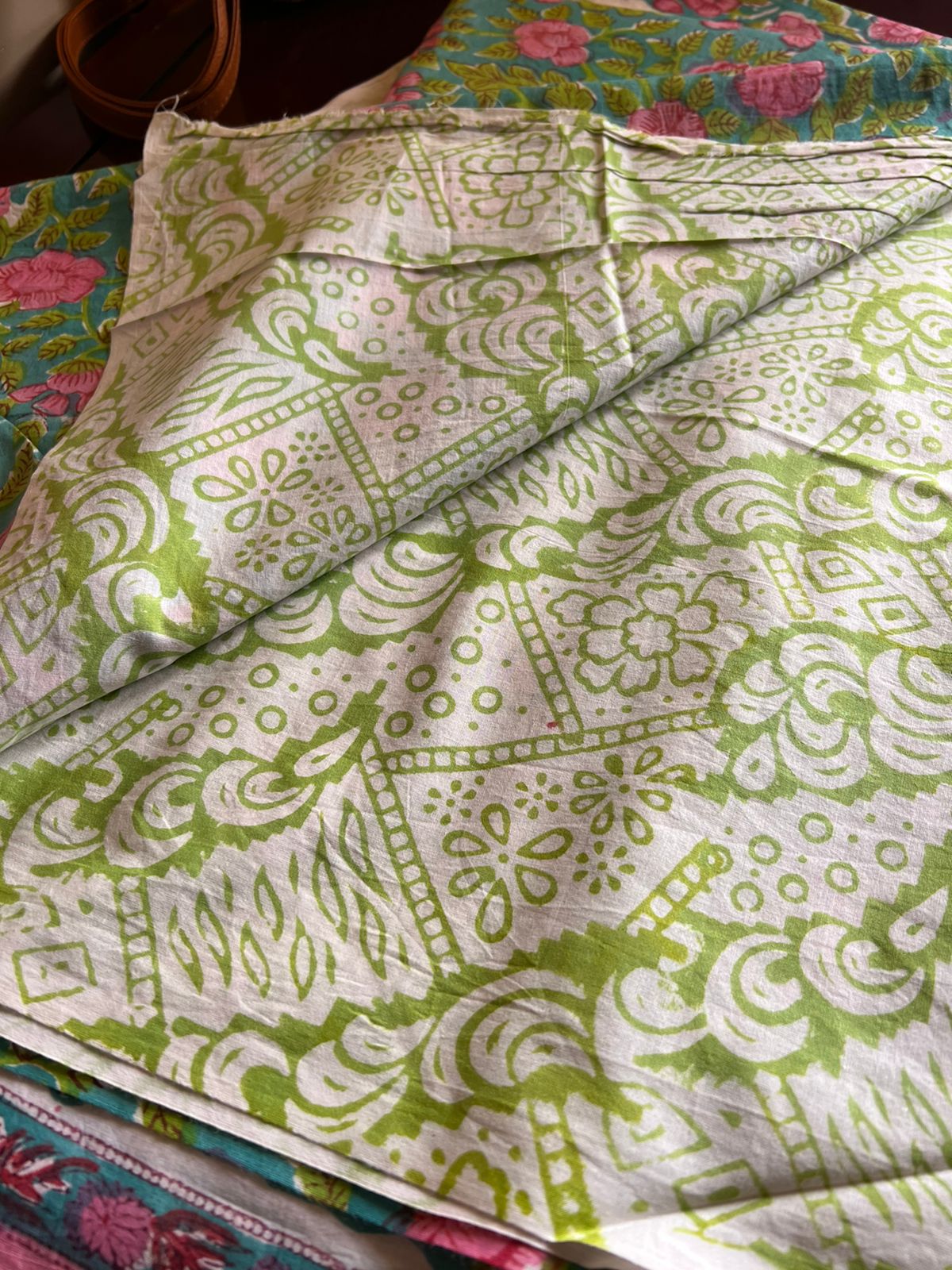 Southloom Pink Floral Hand Block Printed Soft Cotton Jaipur Salwar Suit Material in Green Base Colour