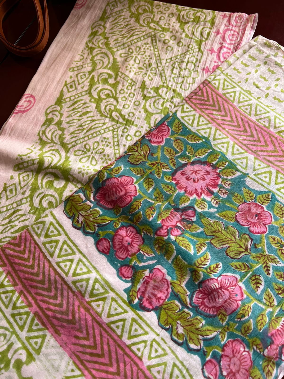 Southloom Pink Floral Hand Block Printed Soft Cotton Jaipur Salwar Suit Material in Green Base Colour