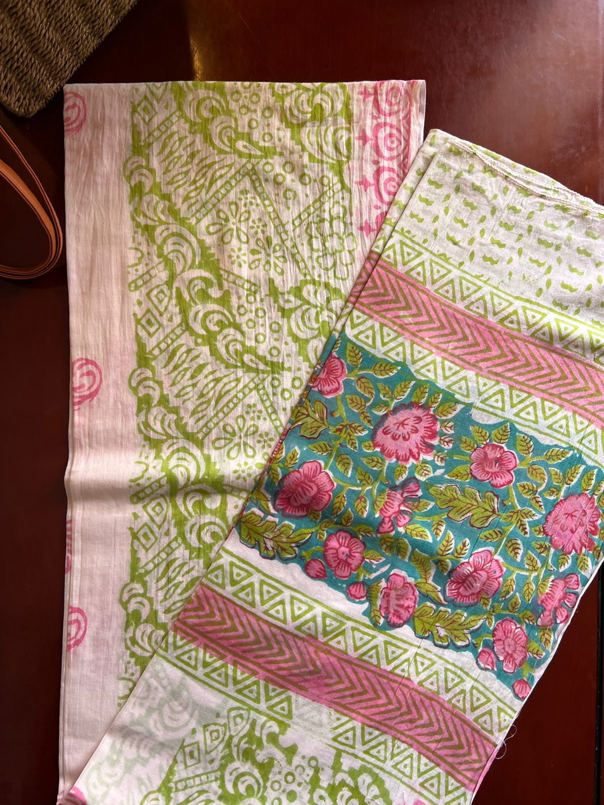 Southloom Pink Floral Hand Block Printed Soft Cotton Jaipur Salwar Suit Material in Green Base Colour