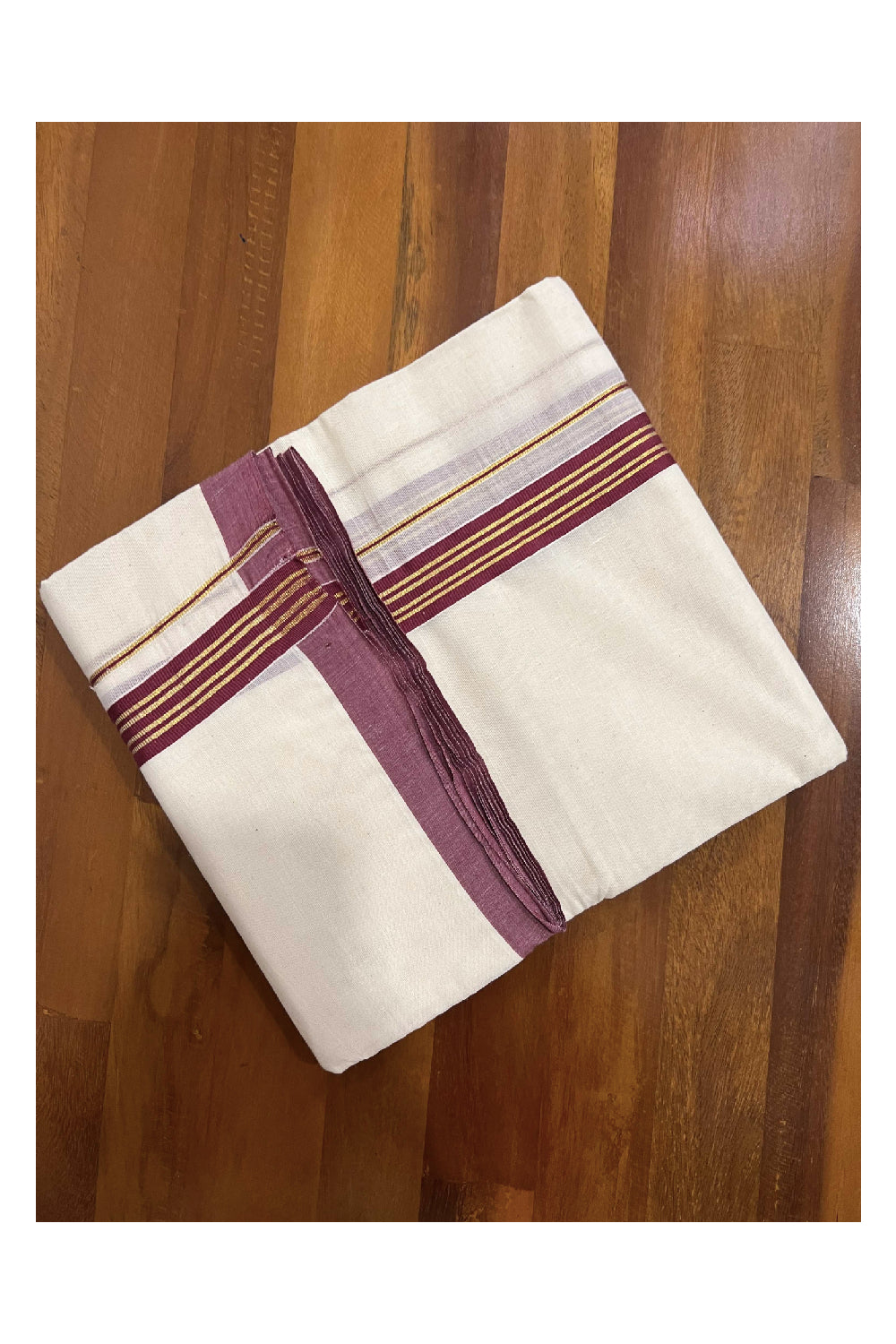 Off White Cotton Mundu with Maroon and Kasavu Border (South Indian Dhoti)