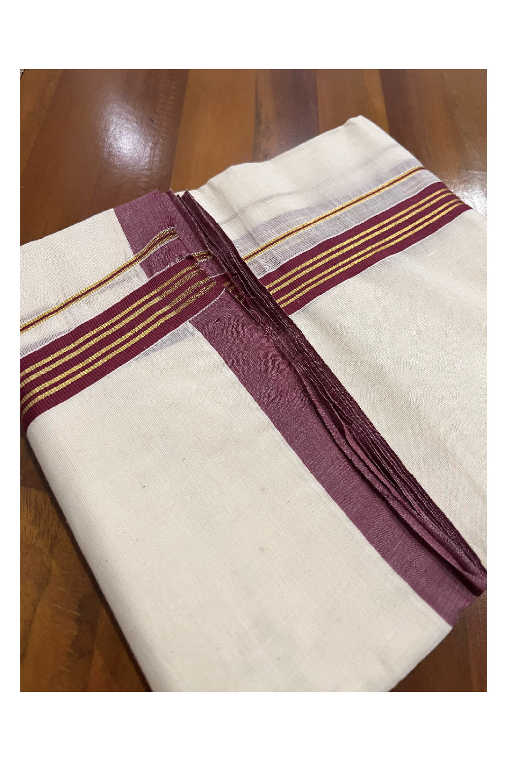 Off White Cotton Mundu with Maroon and Kasavu Border (South Indian Dhoti)