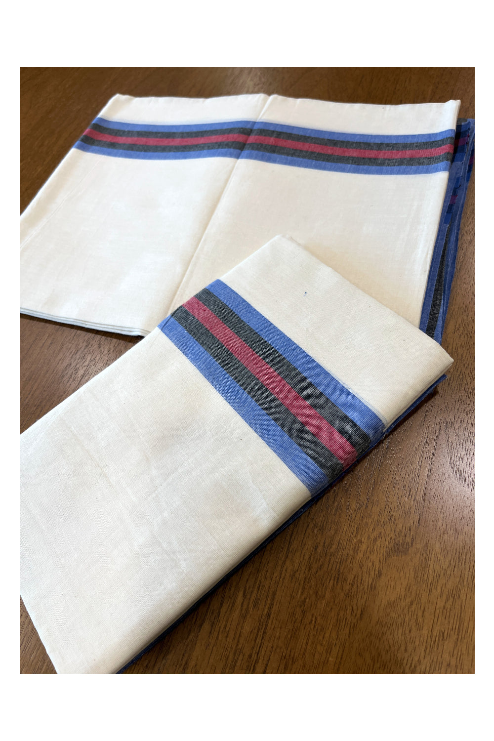 Kerala Cotton Mulloth Mundum Neriyathum Single (Set Mundu) with Blue and Red Border (Extra Soft Cotton) 2.80 Mtrs