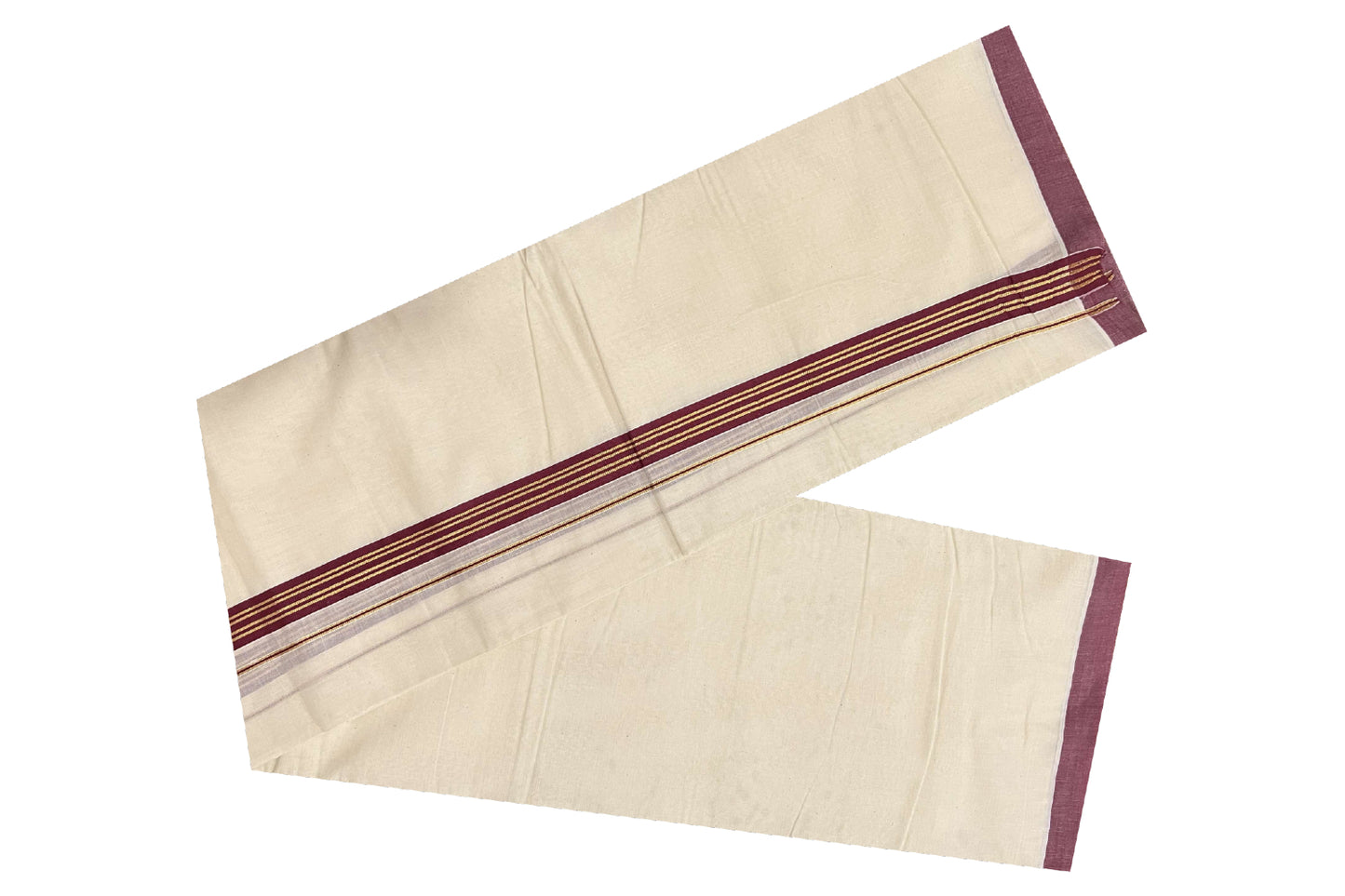 Off White Cotton Mundu with Maroon and Kasavu Border (South Indian Dhoti)