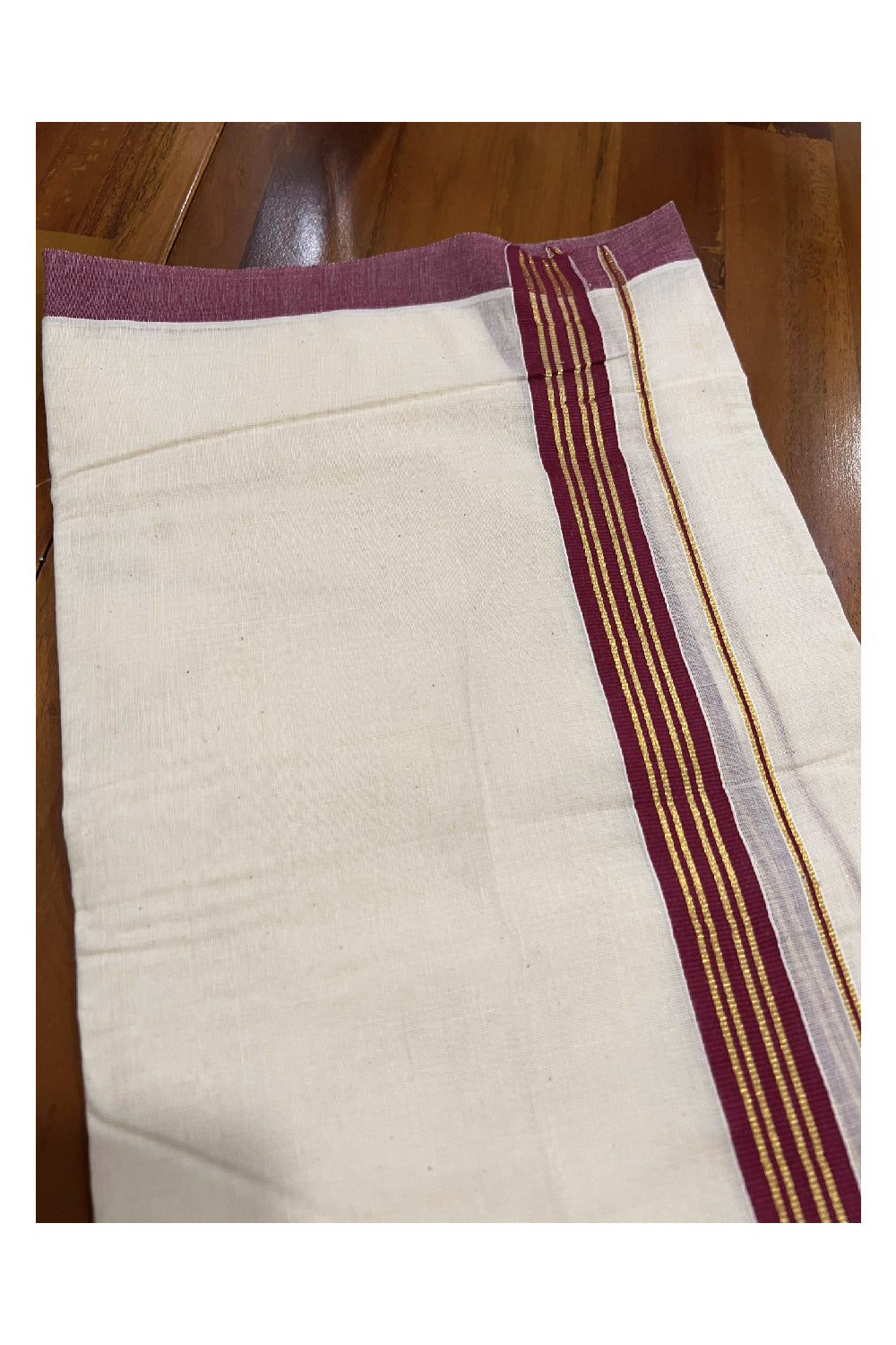 Off White Cotton Mundu with Maroon and Kasavu Border (South Indian Dhoti)