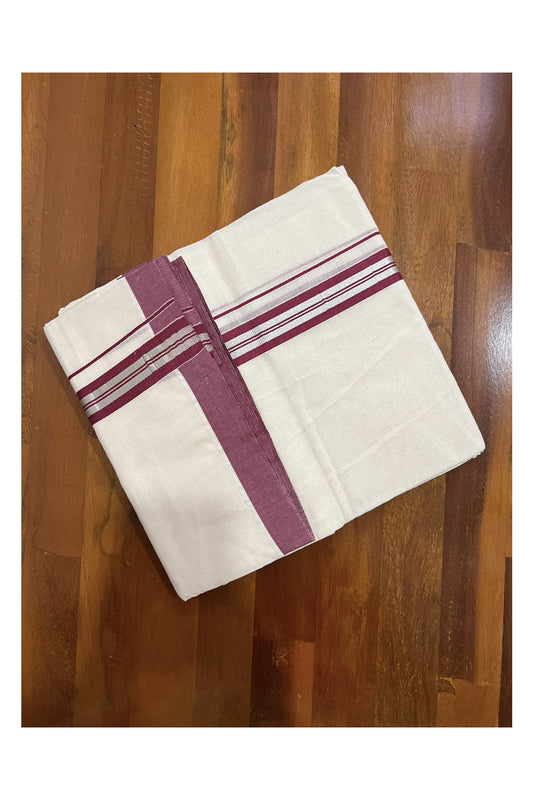 Off White Cotton Mundu with Maroon and Silver Kasavu Border (South Indian Dhoti)