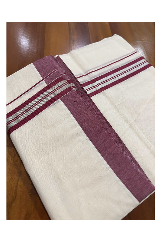 Off White Cotton Mundu with Maroon and Silver Kasavu Border (South Indian Dhoti)