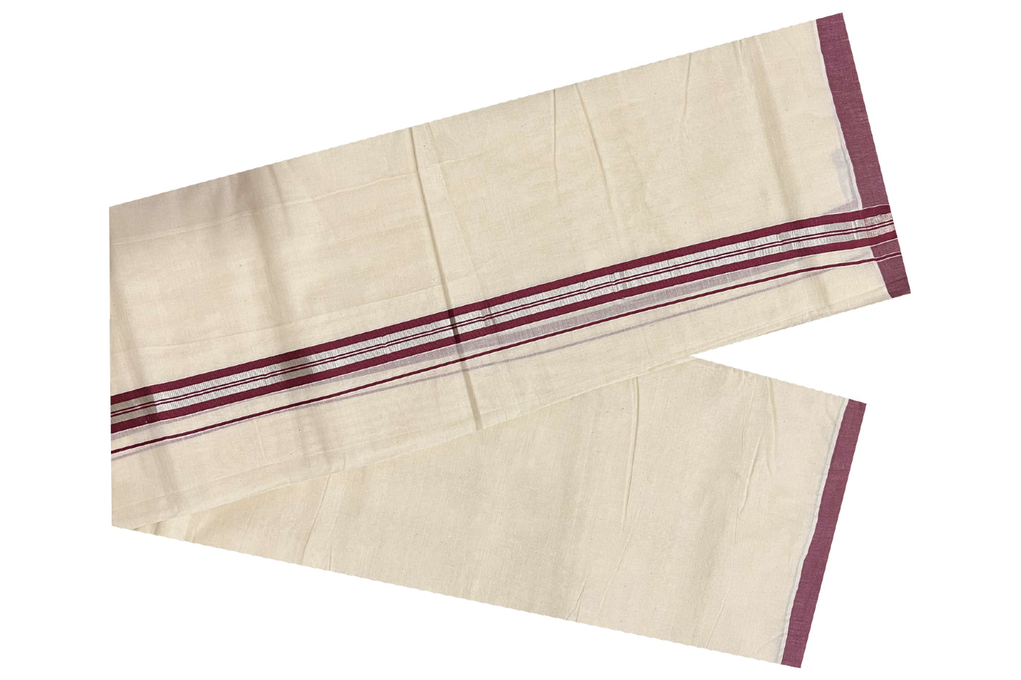 Off White Cotton Mundu with Maroon and Silver Kasavu Border (South Indian Dhoti)