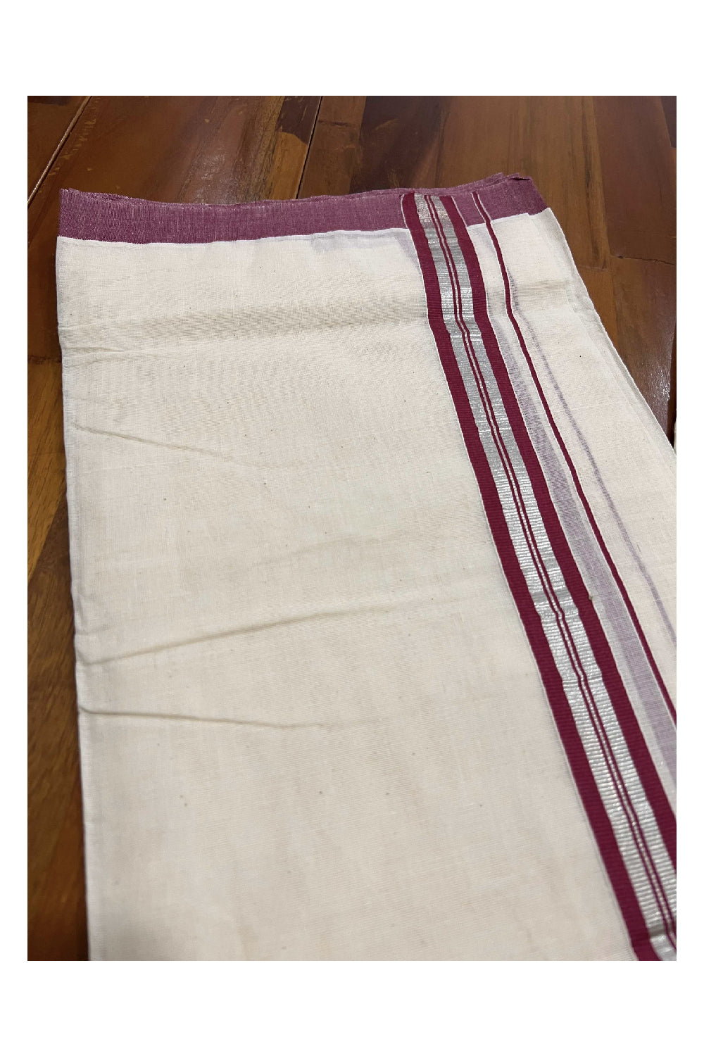 Off White Cotton Mundu with Maroon and Silver Kasavu Border (South Indian Dhoti)