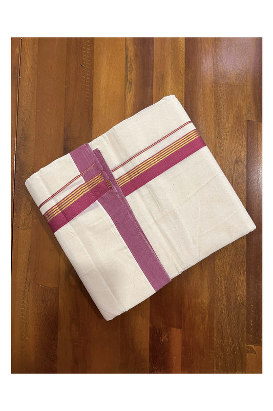 Off White Cotton Mundu with Dark Red and Kasavu Border (South Indian Dhoti)