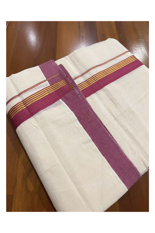 Off White Cotton Mundu with Dark Red and Kasavu Border (South Indian Dhoti)