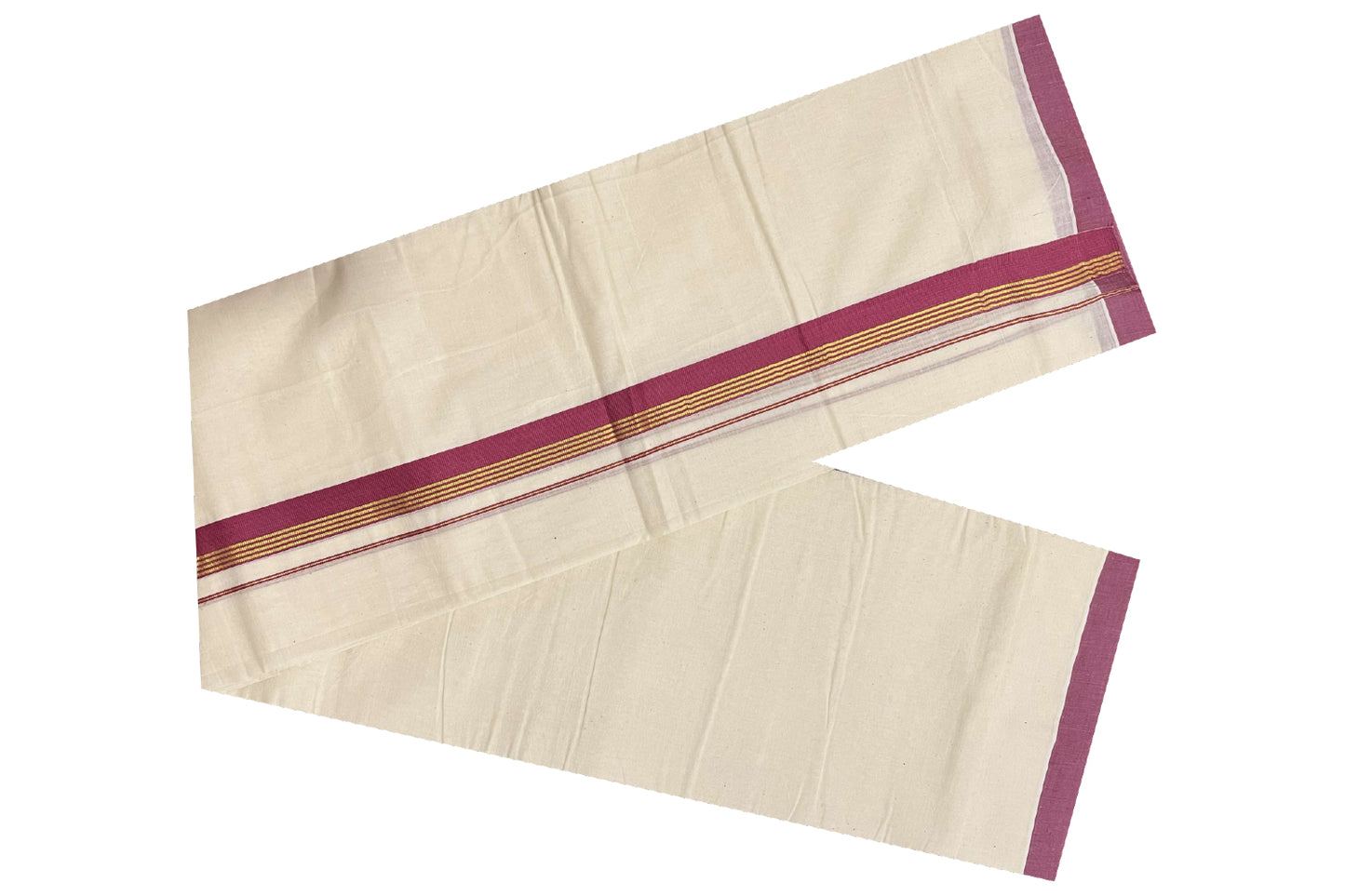 Off White Cotton Mundu with Dark Red and Kasavu Border (South Indian Dhoti)