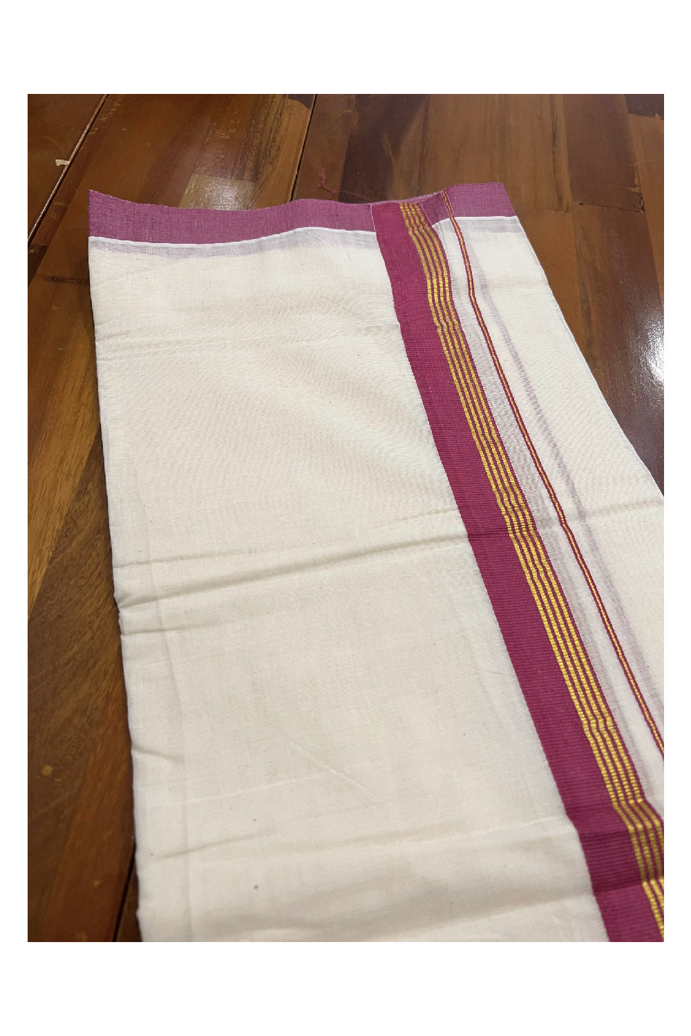 Off White Cotton Mundu with Dark Red and Kasavu Border (South Indian Dhoti)