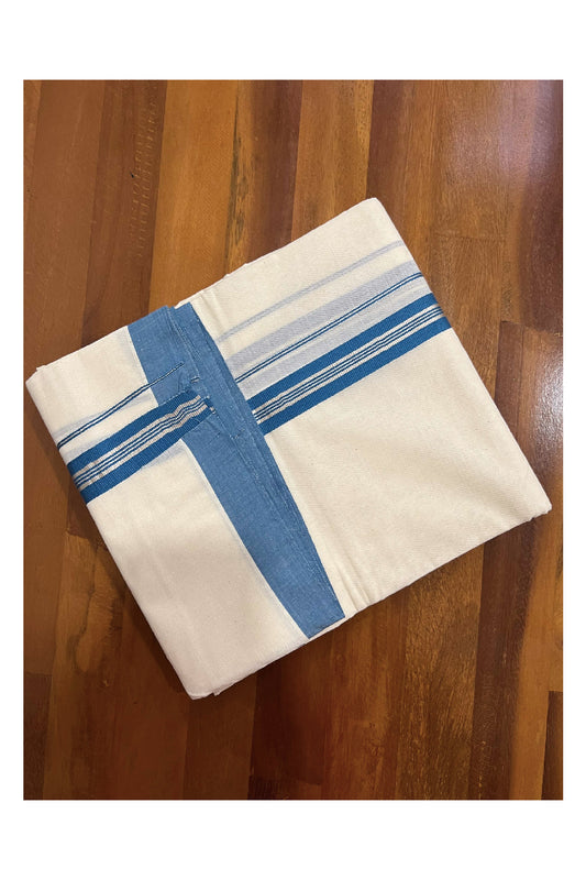 Off White Cotton Mundu with Teal Blue and Silver Kasavu Border (South Indian Dhoti)