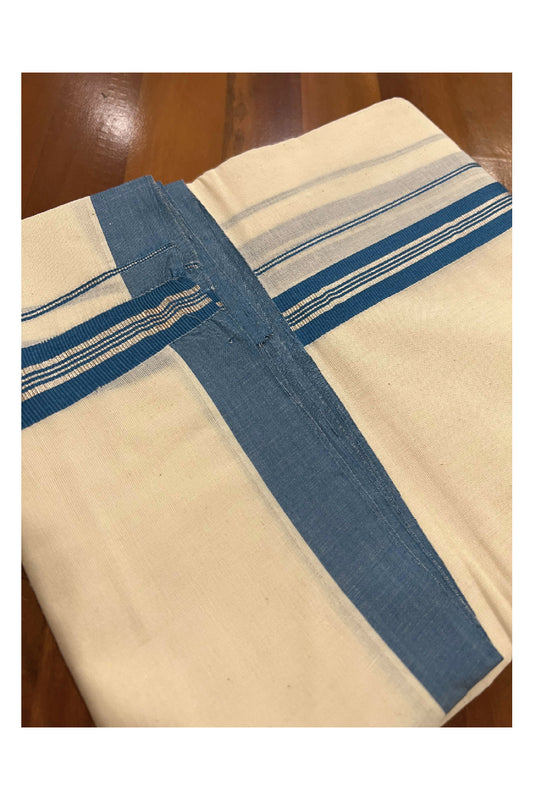 Off White Cotton Mundu with Teal Blue and Silver Kasavu Border (South Indian Dhoti)