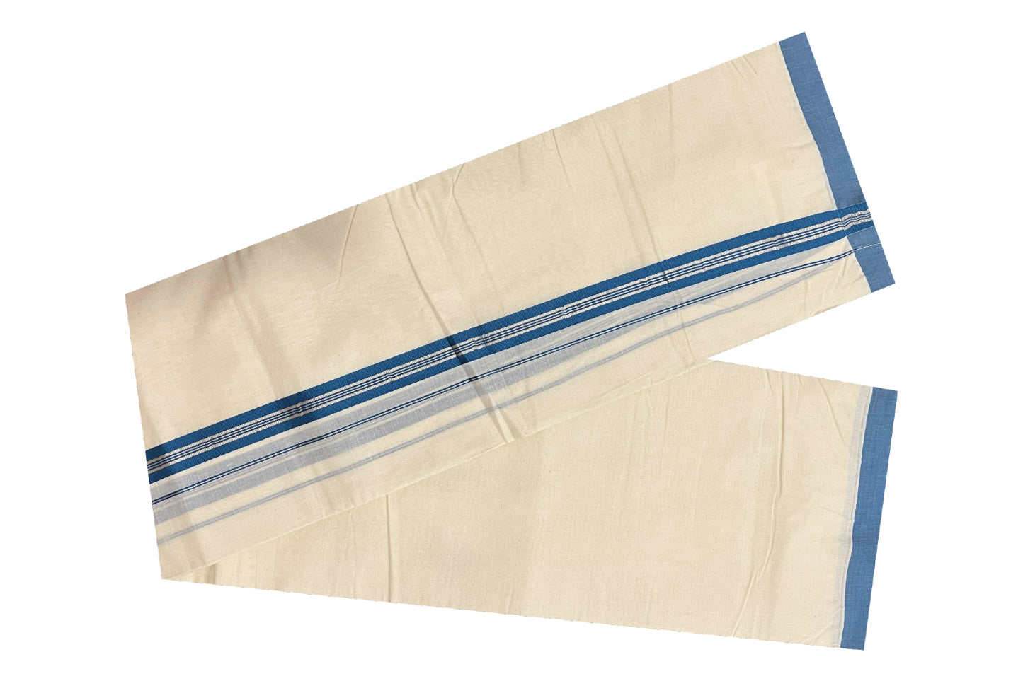 Off White Cotton Mundu with Teal Blue and Silver Kasavu Border (South Indian Dhoti)