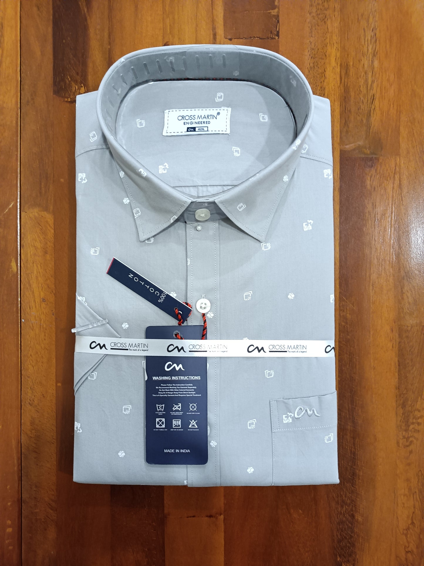 Pure Cotton Light Grey Printed Shirt (42 HS)