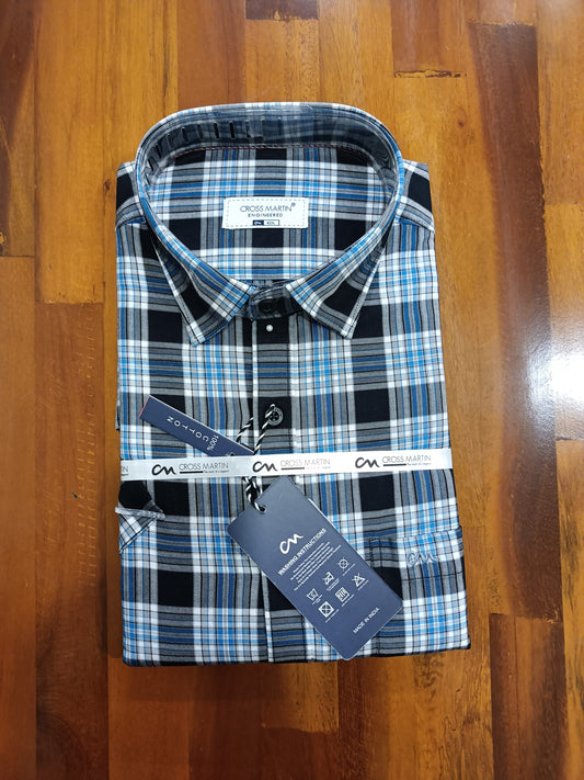 Pure Cotton Black And Blue Checkered Shirt (42 HS)