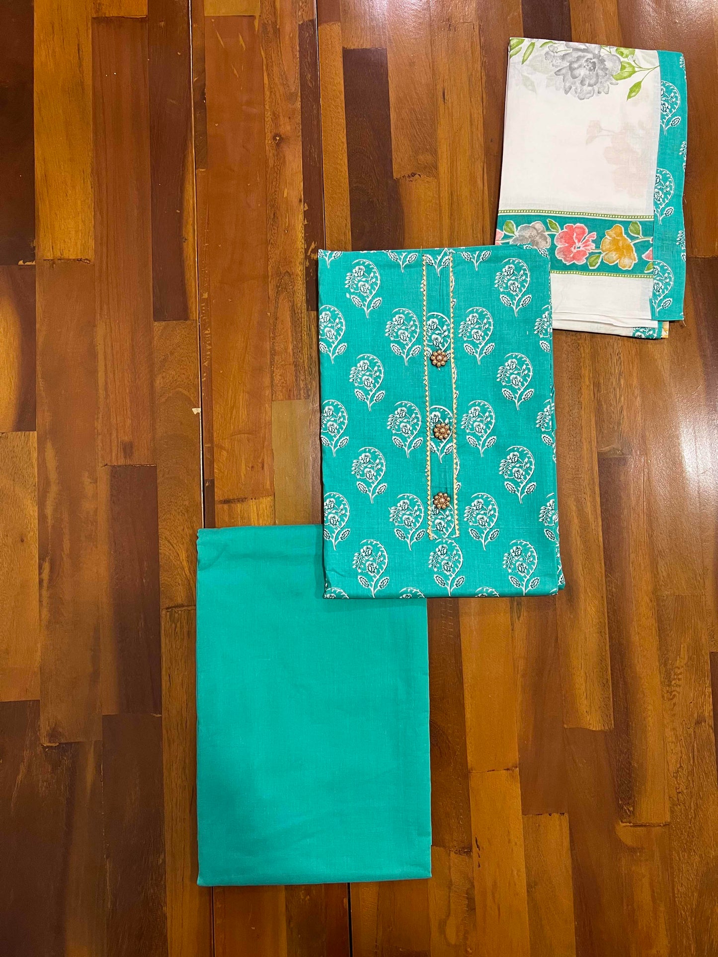 Southloom™ Cotton Churidar Salwar Suit Material in Aqua Blue with Prints