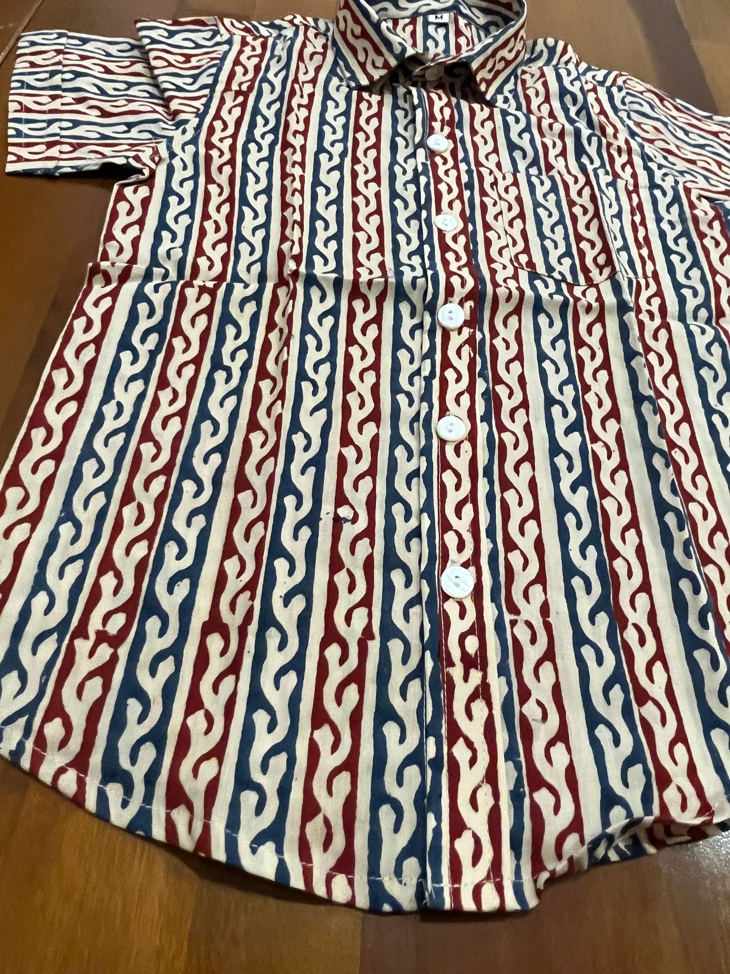 Southloom Jaipur Cotton Blue and Brick Hand Block Printed Shirt For Kids (Half Sleeves)