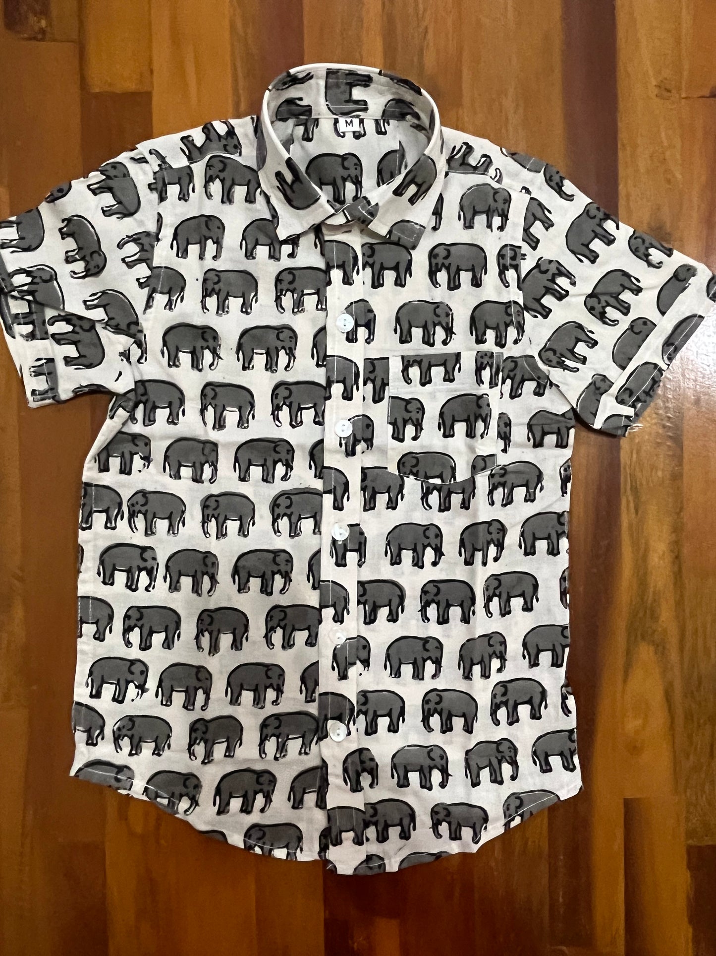 Southloom Jaipur Cotton Grey Elephant Hand Block Printed Shirt For Kids (Half Sleeves)