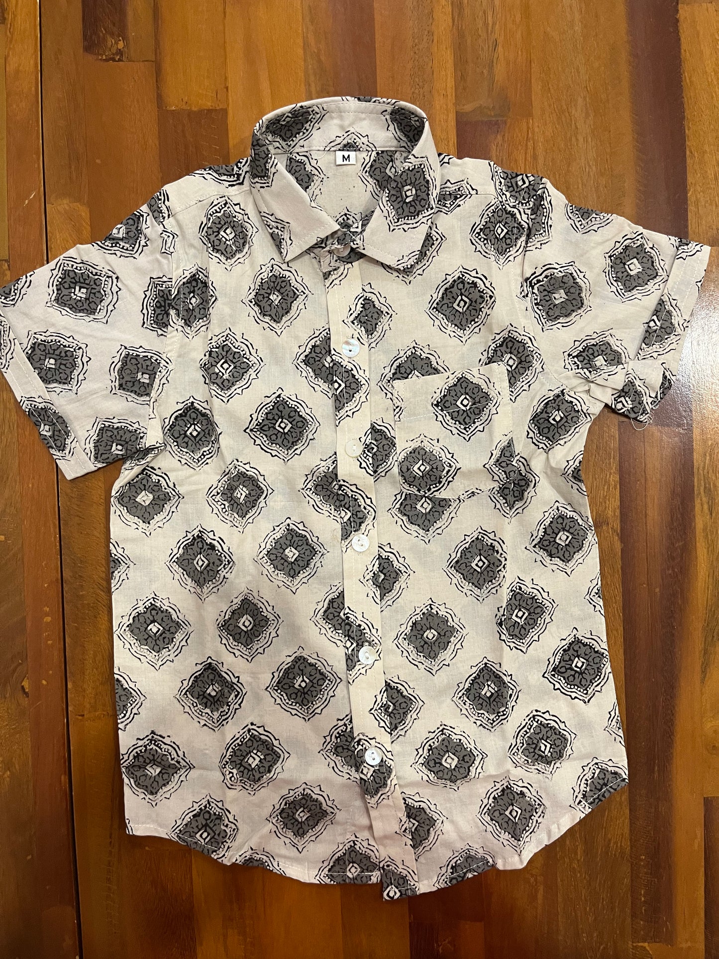 Southloom Jaipur Cotton Grey Hand Block Printed Shirt For Kids (Half Sleeves)