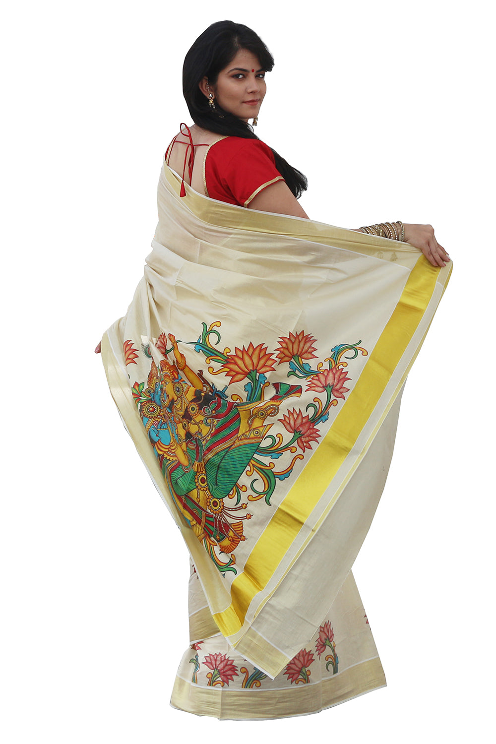 Kerala Tissue Kasavu Saree With Krishna Radha and Lotus Design
