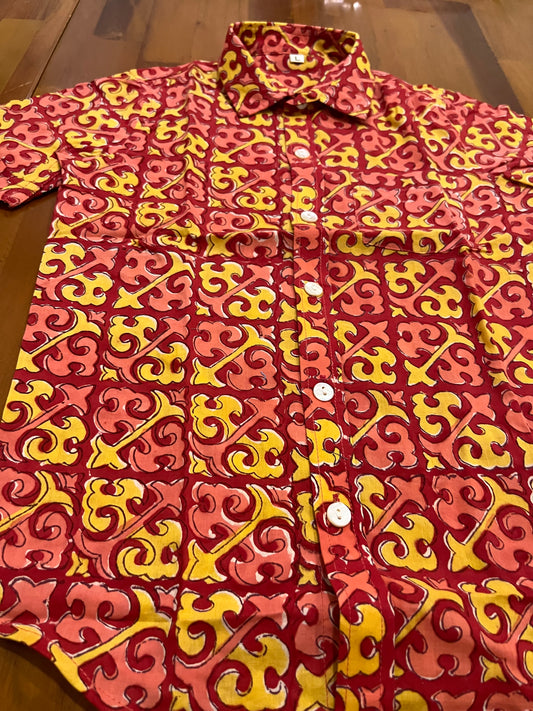 Southloom Jaipur Cotton Red and Yellow Hand Block Printed Shirt For Kids (Half Sleeves)