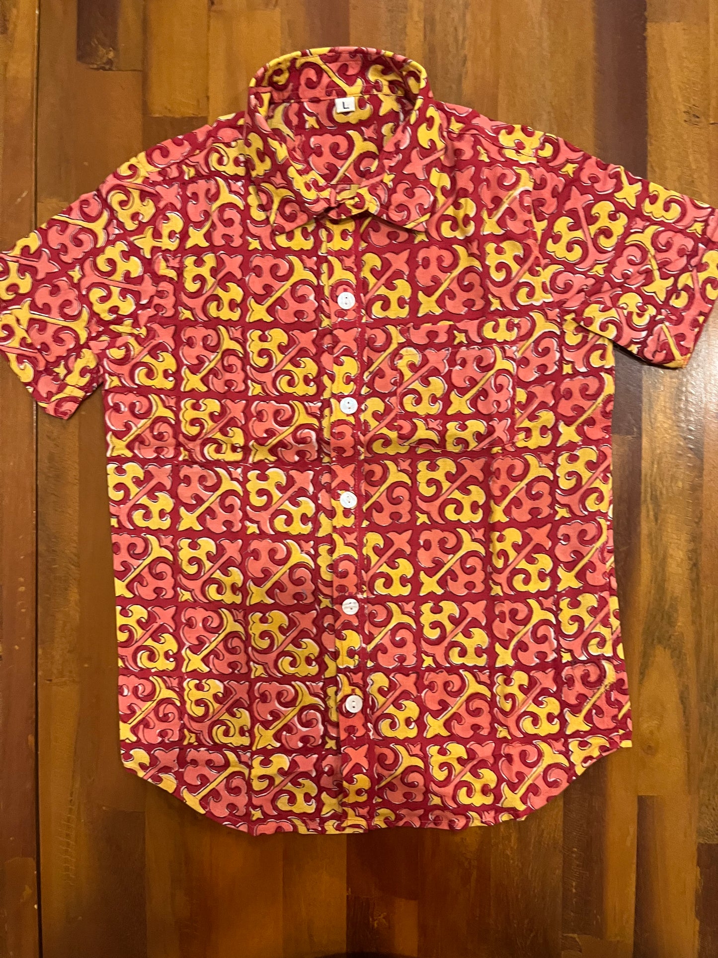 Southloom Jaipur Cotton Red and Yellow Hand Block Printed Shirt For Kids (Half Sleeves)