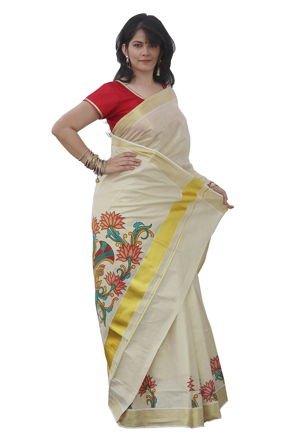 Kerala Tissue Kasavu Saree With Krishna Radha and Lotus Design