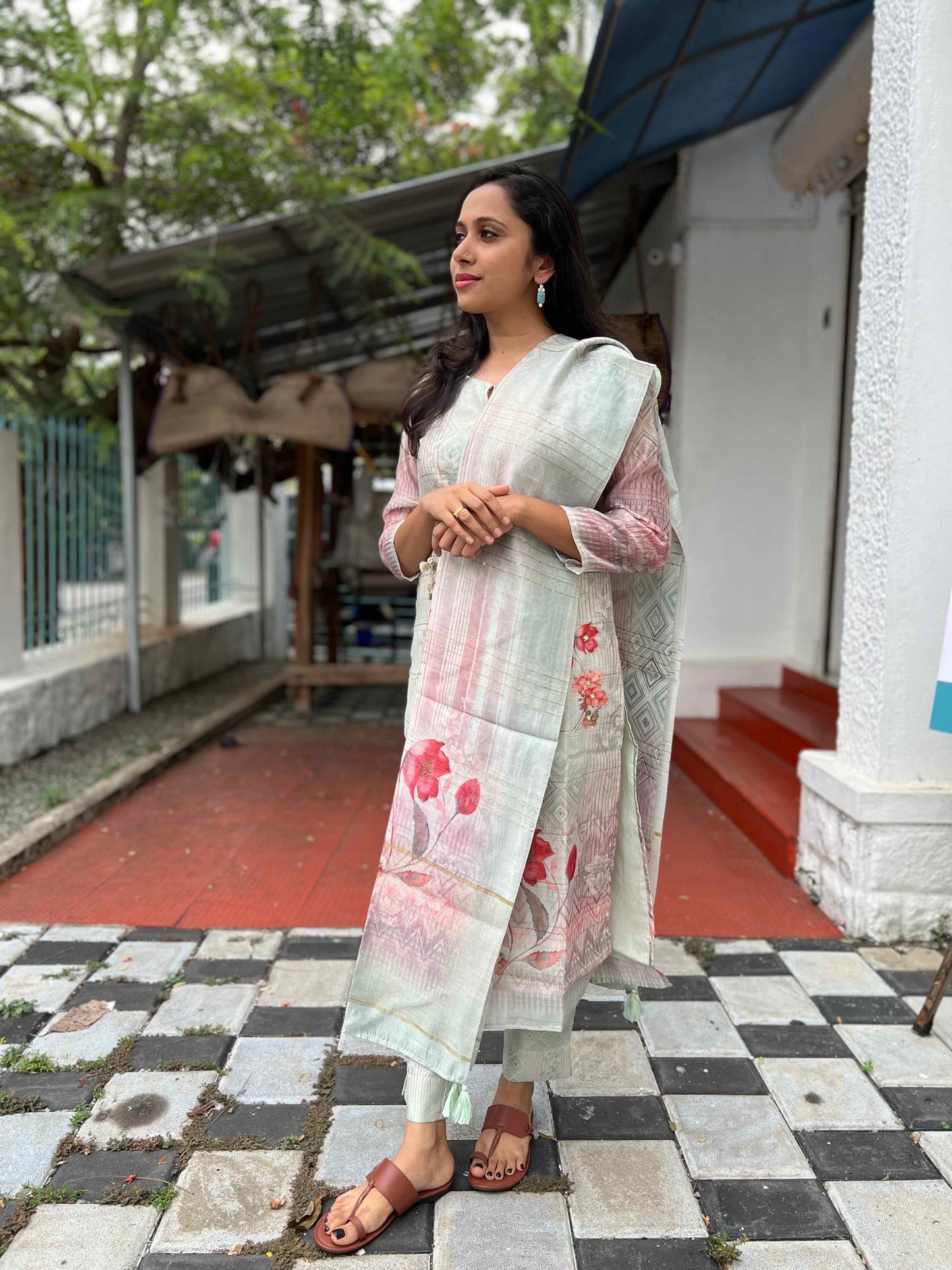 Southloom Stitched Semi Silk Salwar Set in Light Grey and Floral Digital Prints