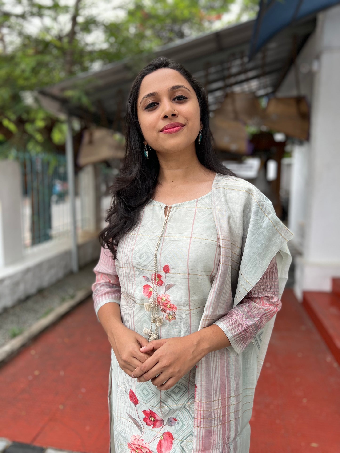 Southloom Stitched Semi Silk Salwar Set in Light Grey and Floral Digital Prints
