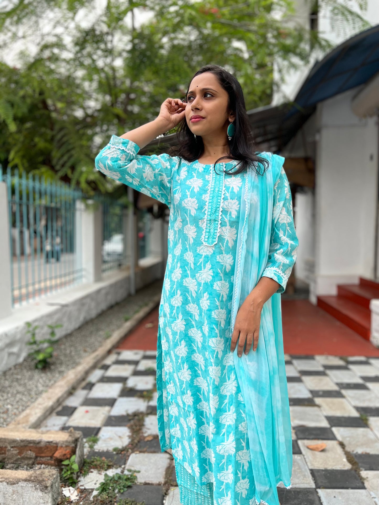 Southloom Stitched Chanderi Silk Salwar Set in Light Blue Colour with Floral Printed Design