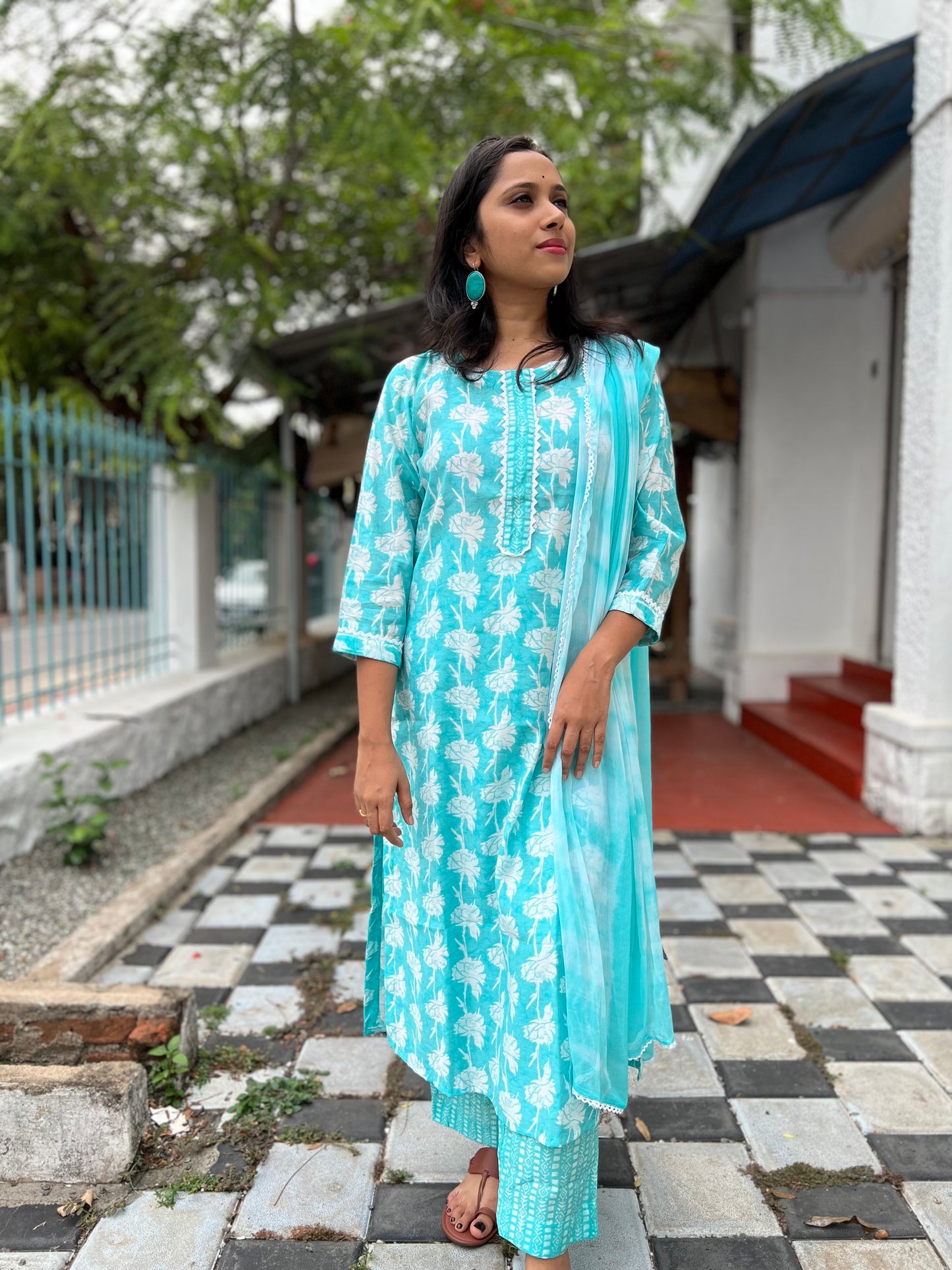 Southloom Stitched Chanderi Silk Salwar Set in Light Blue Colour with Floral Printed Design