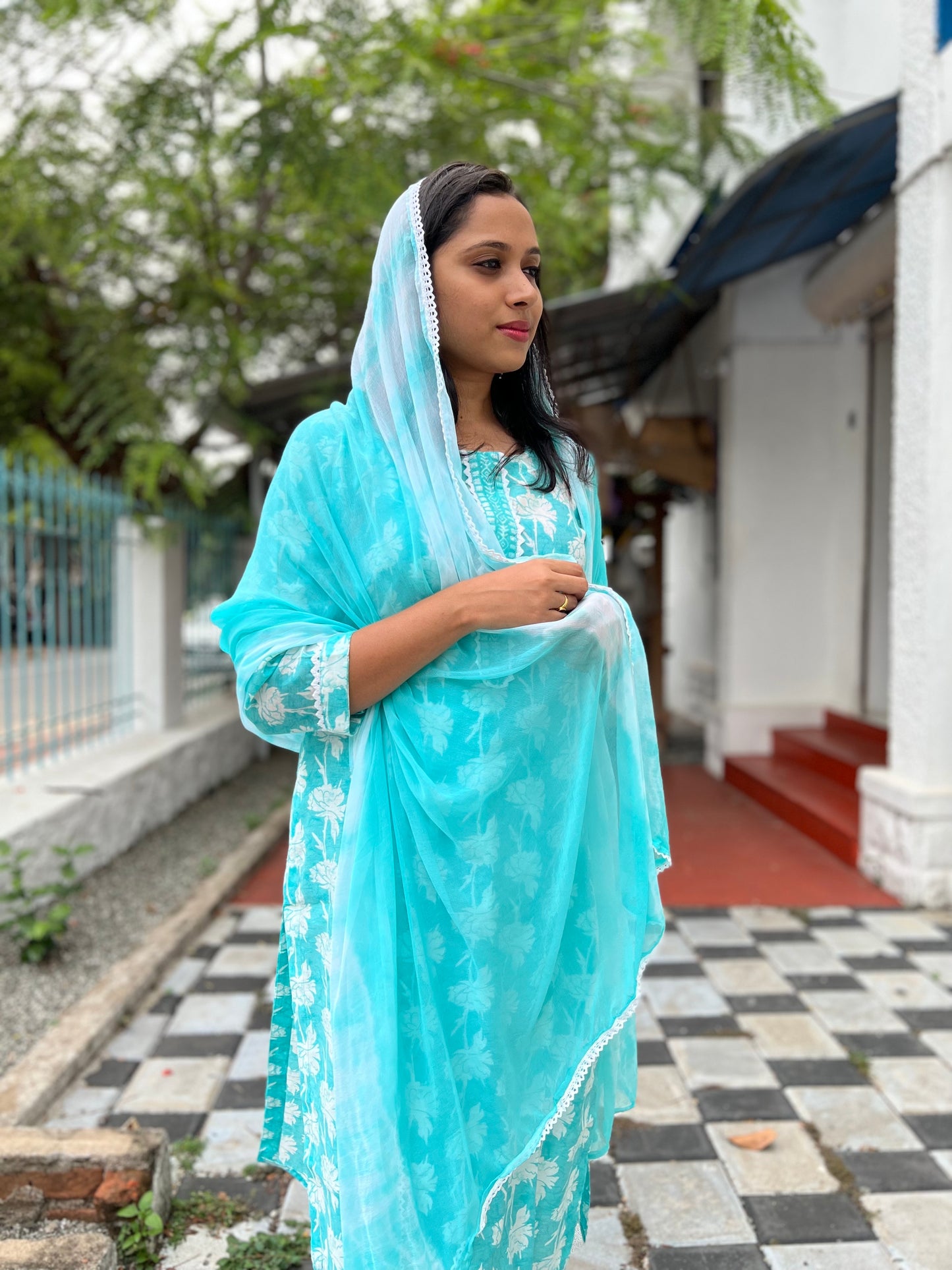 Southloom Stitched Chanderi Silk Salwar Set in Light Blue Colour with Floral Printed Design