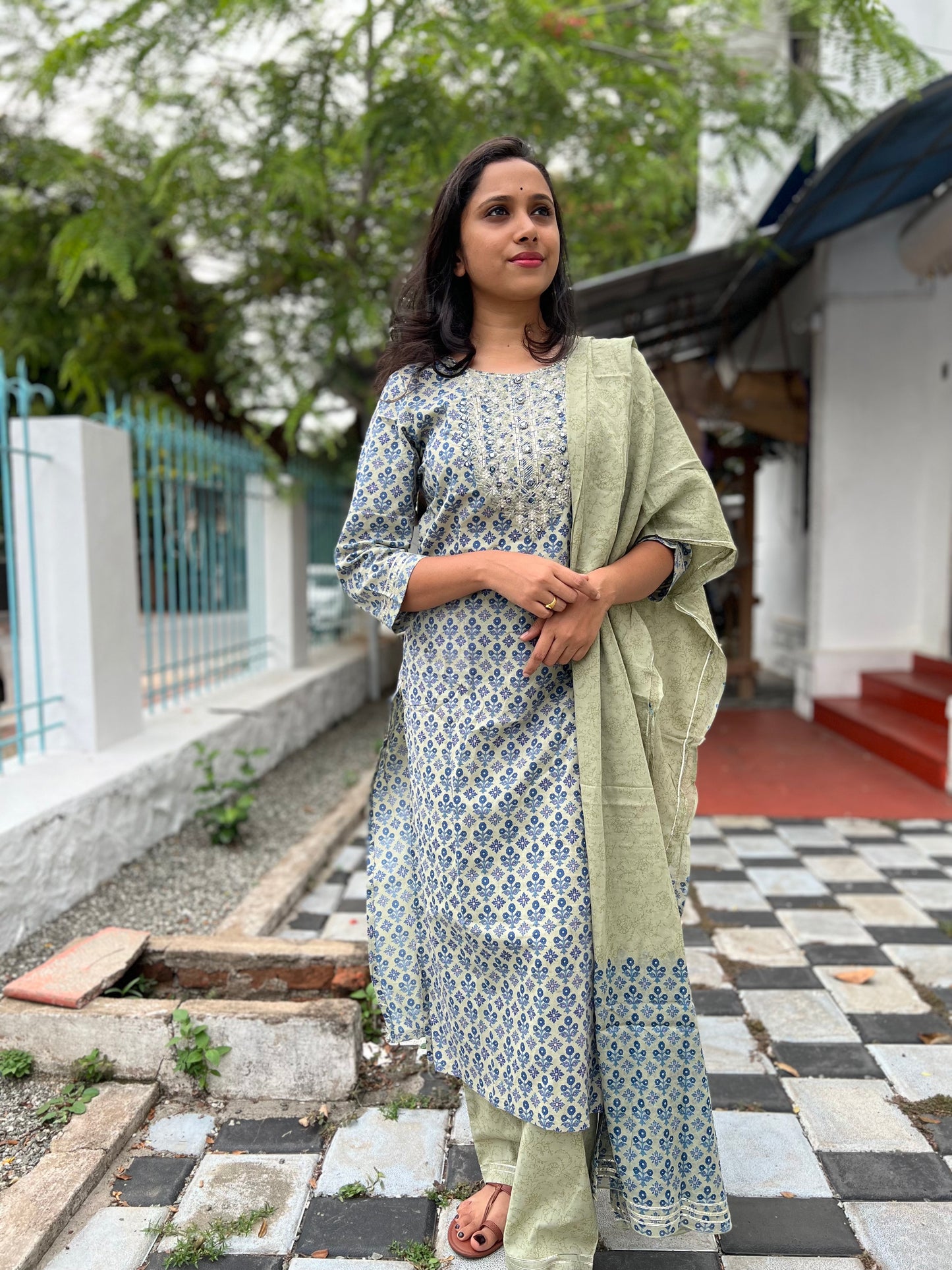 Southloom Stitched Cotton Salwar Set in Greyish Green with Blue Floral Prints